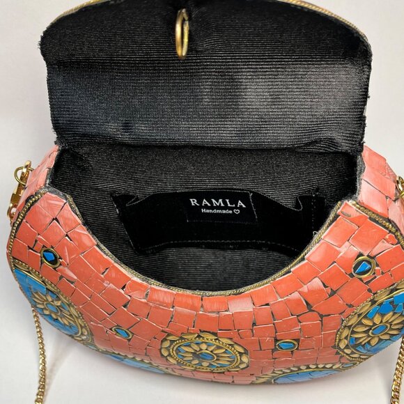Ramla Design Handmade Mosaic Crossbody Purse Coral Blue Gold Accents rustic - Picture 6 of 9